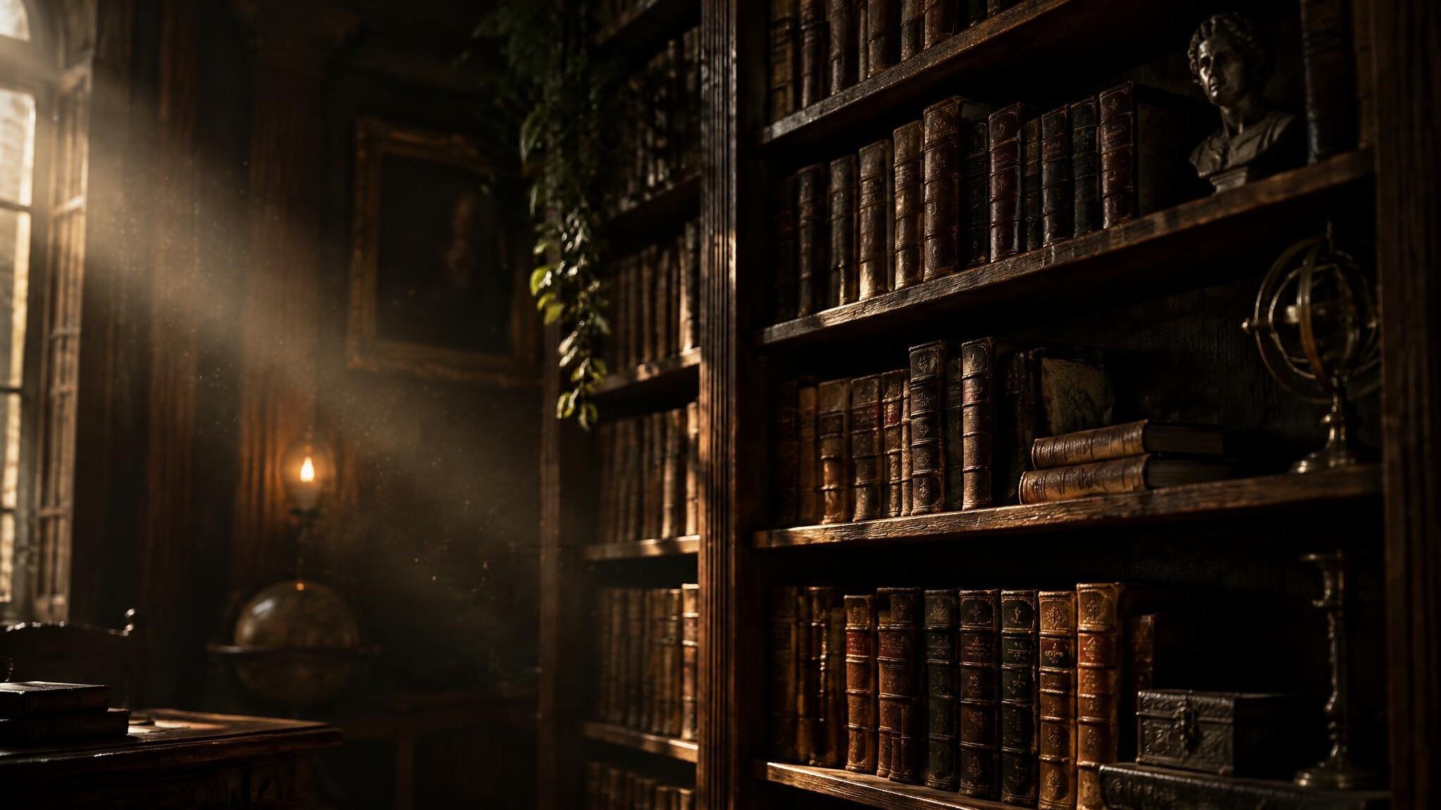 Shelf of old leather-bound books in dim library light