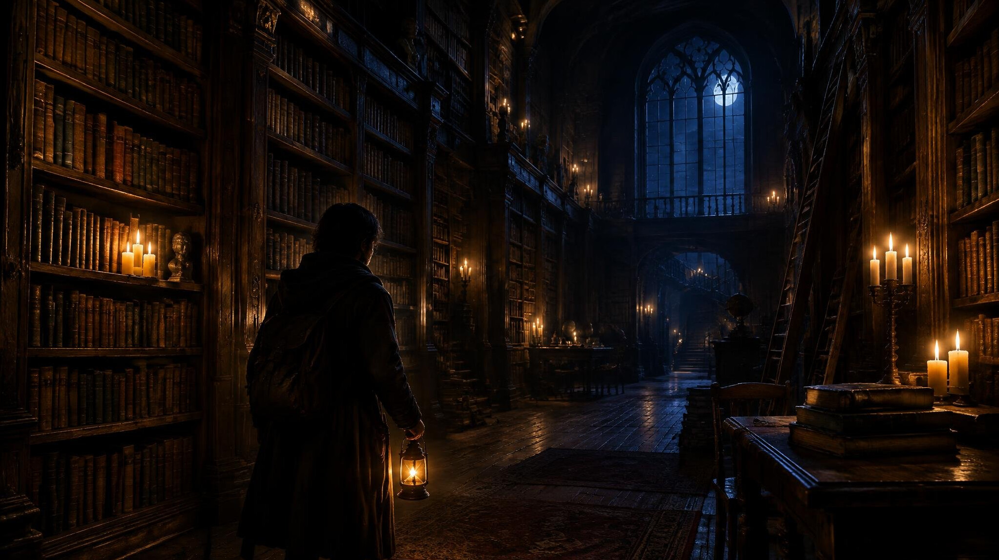 mysterious library at night