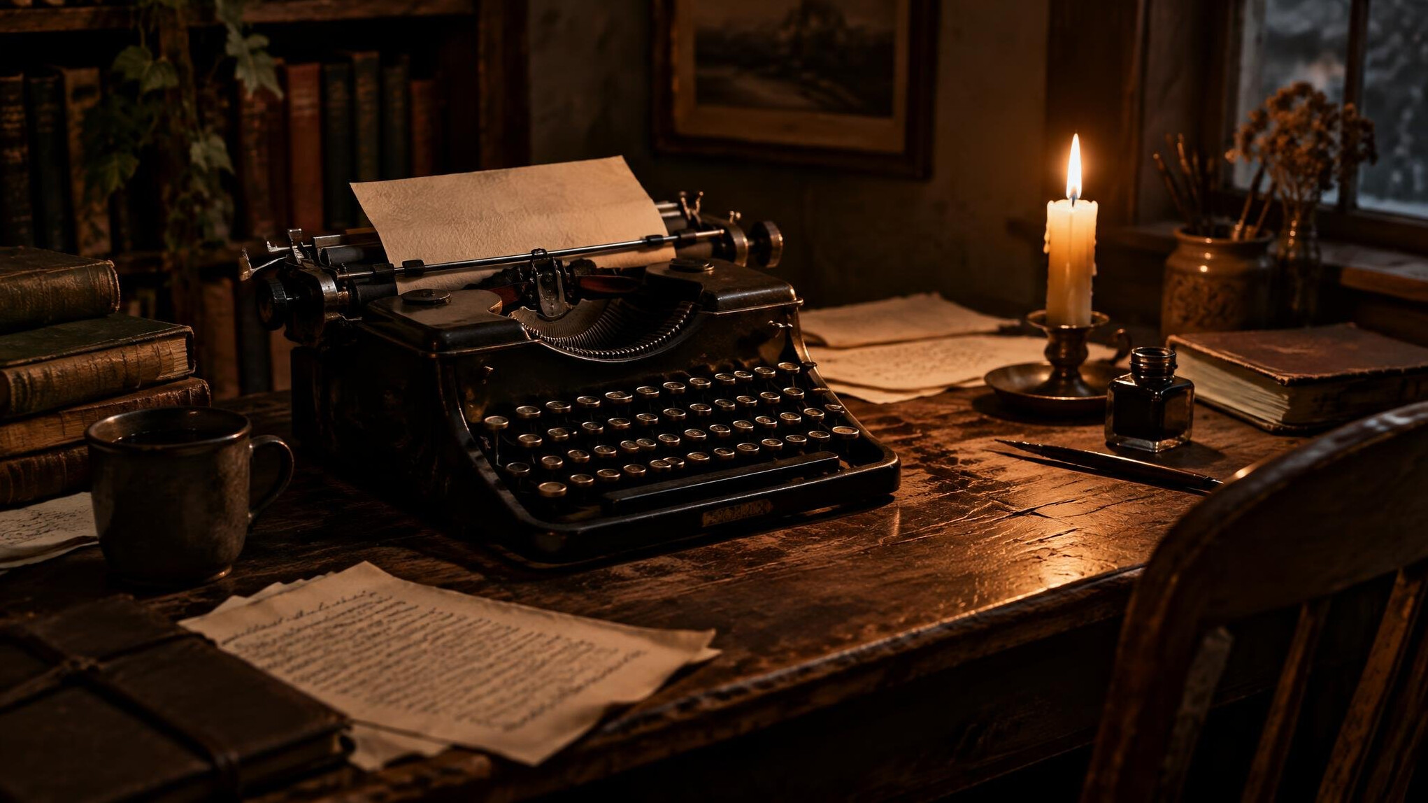 Vintage typewriter on a wooden desk with scattered papers and a candle
