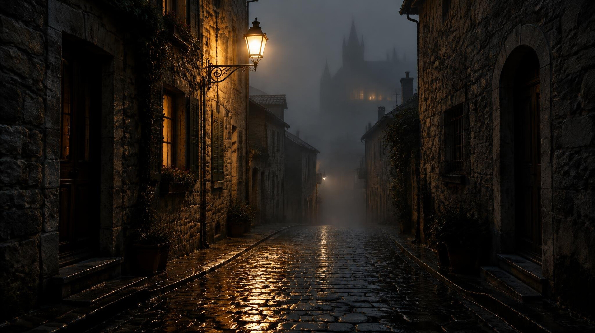 Foggy cobblestone alley at night lit by a single street lamp